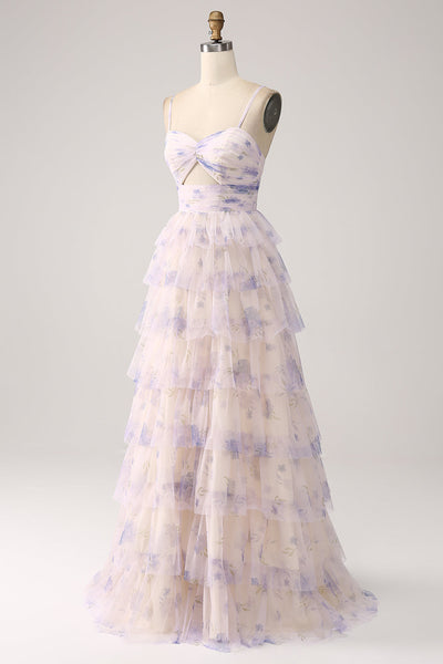 Leely Women Tiered Princess Prom Dress with Pleated Lavender Flower ...
