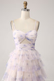 Lavender Flower Print Tiered Princess Prom Dress with Hollow-out