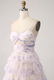 Lavender Flower Print Tiered Princess Prom Dress with Hollow-out