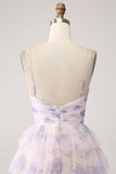 Lavender Flower Print Tiered Princess Prom Dress with Hollow-out