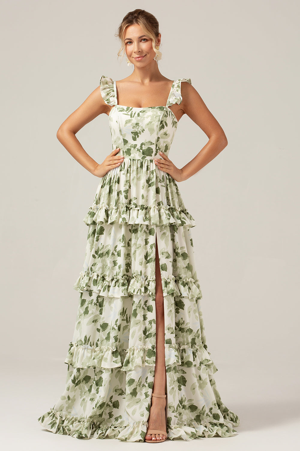Leely Women Ruffles Tiered Prom Dress with Slit Green Floral A Line