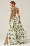 Green Floral Ruffles Tiered Prom Dress with Slit