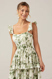 Green Floral Ruffles Tiered Prom Dress with Slit