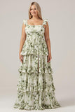 Green Floral Ruffles Tiered Floral Bridesmaid Dress with Slit