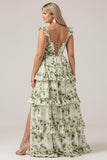 Green Floral Ruffles Tiered Floral Bridesmaid Dress with Slit