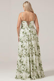 Green Floral Cowl Neck A Line Bridesmaid Dress with Slit