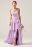 A Line Spaghetti Straps Tiered Chiffon Lilac Bridesmaid Dress with Slit