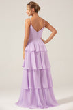 A Line Spaghetti Straps Tiered Chiffon Lilac Bridesmaid Dress with Slit