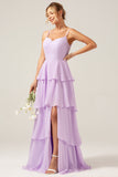 Lilac A Line Spaghetti Straps Ruffles Tiered Chiffon Bridesmaid Dress with Slit
