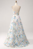 Ivory Flower Corset Boning A-Line Floral Prom Dress with Slit