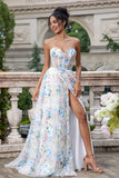 Ivory Flower Corset Boning A-Line Floral Prom Dress with Slit