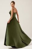 Olive A Line Spaghetti Straps Long Bridesmaid Dress with Slit