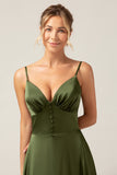 Olive A Line Spaghetti Straps Long Bridesmaid Dress with Slit