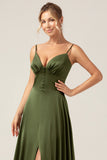 Olive A Line Spaghetti Straps Long Bridesmaid Dress with Slit