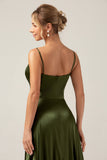 Olive A Line Spaghetti Straps Long Bridesmaid Dress with Slit