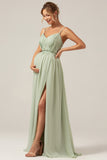 Dusty Sage A Line Spaghetti Straps Pleated Maternity Bridesmaid Dress with Slit