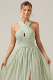 Halter Dusty Sage A Line Pleated Bridesmaid Dress with Slit
