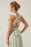 Halter Dusty Sage A Line Pleated Bridesmaid Dress with Slit