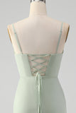 Elegant Matcha A Line Spaghetti Straps Satin Long Bridesmaid Dress with Slit