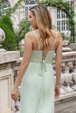Elegant Matcha A Line Spaghetti Straps Satin Long Bridesmaid Dress with Slit