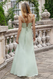 Elegant Matcha A Line Spaghetti Straps Satin Long Bridesmaid Dress with Slit