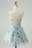 Elegant Blue Flower A Line Corset Short Prom Dress with Embroidery