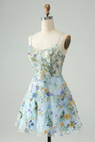 Elegant Blue Flower A Line Corset Short Prom Dress with Embroidery