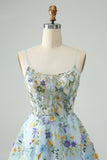 Elegant Blue Flower A Line Corset Short Prom Dress with Embroidery
