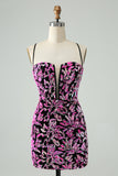 Sparkly Fuchsia Bodycon Spaghetti Straps Sequins Short Prom Dress