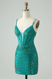 Sparkly Dark Green Bodycon Corset Short Prom Dress with Sequins