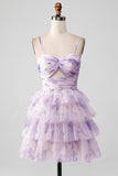 Lavender Flower A Line Tiered Spaghetti Straps Pleated Short Cocktail Dress