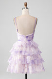 Lavender Flower A Line Tiered Spaghetti Straps Pleated Short Cocktail Dress