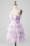 Lavender Flower A Line Tiered Spaghetti Straps Pleated Short Cocktail Dress