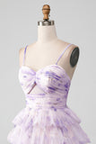 Lavender Flower A Line Tiered Spaghetti Straps Pleated Short Cocktail Dress