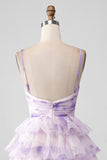 Lavender Flower A Line Tiered Spaghetti Straps Pleated Short Cocktail Dress