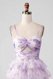 Lavender Flower A Line Tiered Spaghetti Straps Pleated Short Cocktail Dress