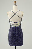 Sparkly Navy Sequins Tight Short Prom Dress With Fringes