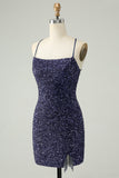 Sparkly Navy Sequins Tight Short Prom Dress With Fringes
