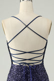 Sparkly Navy Sequins Tight Short Prom Dress With Fringes