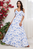 Blue Floral Print A Line Cold Shoulder Maxi Bridesmaid Dress
