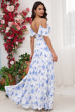 Blue Floral Print A Line Cold Shoulder Maxi Bridesmaid Dress