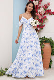 Blue Floral Print A Line Cold Shoulder Maxi Bridesmaid Dress