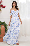Blue Floral Print A Line Cold Shoulder Maxi Bridesmaid Dress