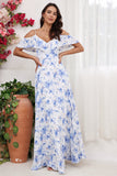 Blue Floral Print A Line Cold Shoulder Maxi Bridesmaid Dress