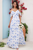 Blue Floral Print A Line Cold Shoulder Maxi Bridesmaid Dress