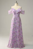 Blue Floral Print A Line Cold Shoulder Maxi Bridesmaid Dress