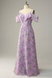 Blue Floral Print A Line Cold Shoulder Maxi Bridesmaid Dress