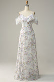Blue Floral Print A Line Cold Shoulder Maxi Bridesmaid Dress