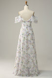 Blue Floral Print A Line Cold Shoulder Maxi Bridesmaid Dress
