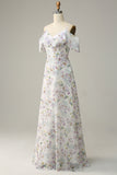 Blue Floral Print A Line Cold Shoulder Maxi Bridesmaid Dress